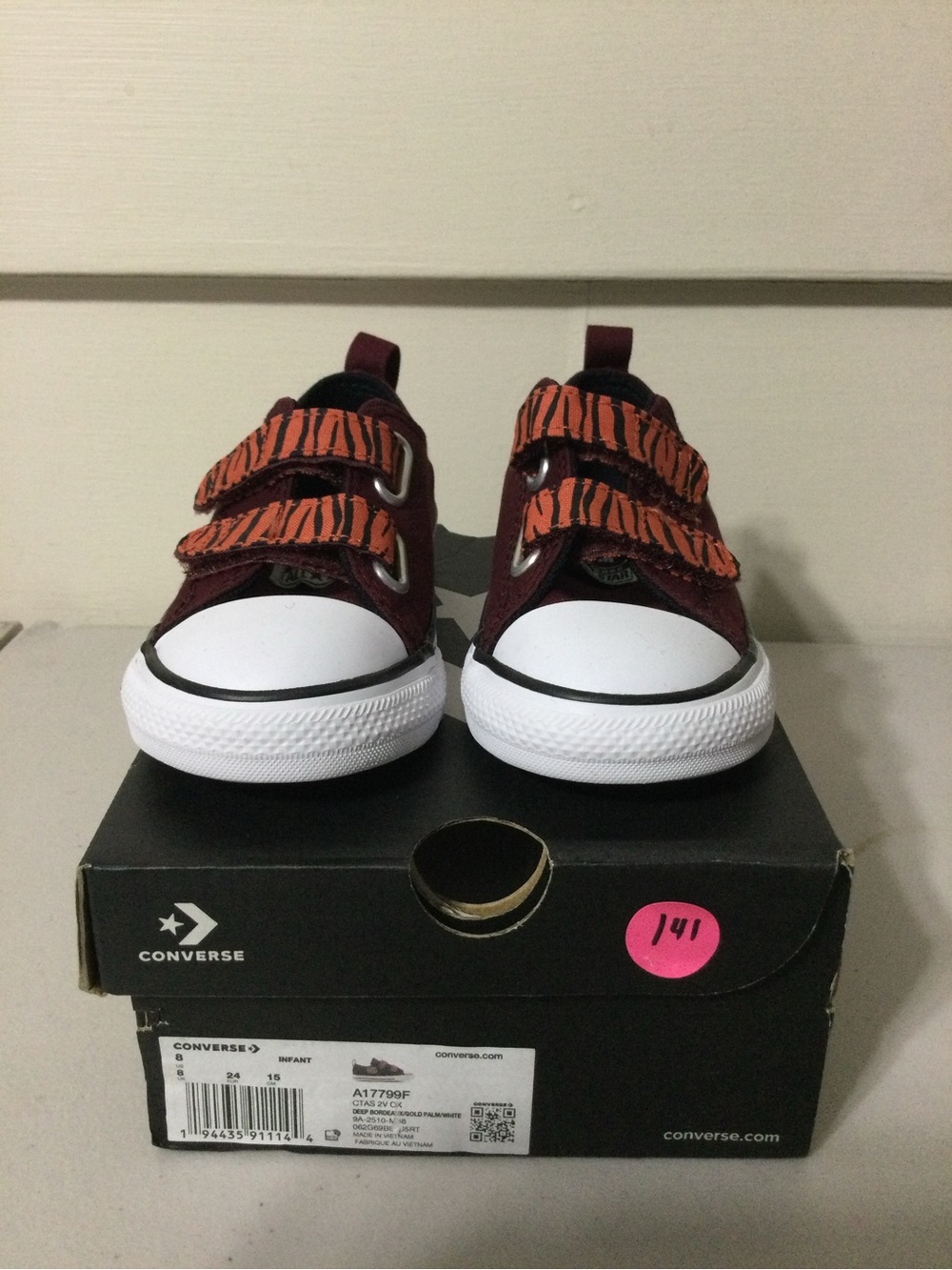 Converse Kids Maroon Sneakers with Orange Tiger-Print Straps